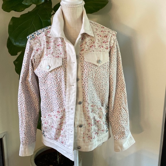 Blank NYC mini floral oversized cream patchwork jean jacket coat XS Small - Picture 1 of 6